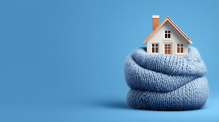 Cozy home wrapped in warm knitted scarf blue background real estate winter energy efficiency housing insulation