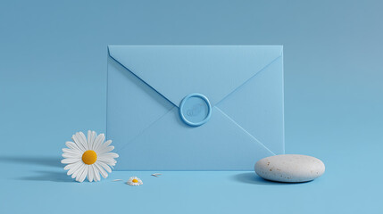 Minimalist stationery render envelope with blank paper and orange wax seal decorative wild flower in pot