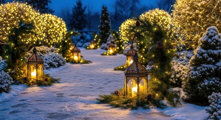 Magical Winter Garden Path Illuminated by Festive Lights and Lanterns