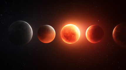 3D render of total solar eclipse with four moons on starry sky cosmic astronomy background