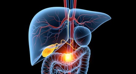 Pain in the human digestive system. Gastroenterology and liver disease concept. 3D illustration of the liver, gallbladder, and pancreas with inflammation.