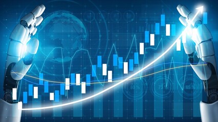 Futuristic robotic hands showcase data trends through rising graphs, illustrating innovation and technology impact on business and analytics in a global context. Copula