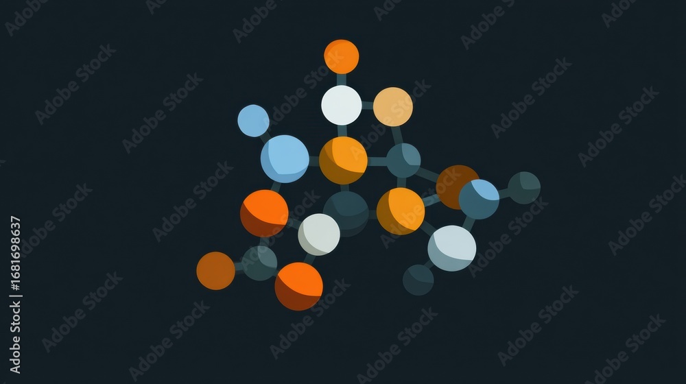Poster abstract molecular structure with colorful spheres set against a dark background showcasing scientif