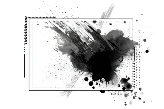 Abstract monochrome ink splatter art on a white background