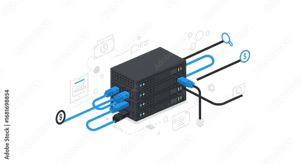Aufkleber isometric illustration of a server rack with multiple network connections.