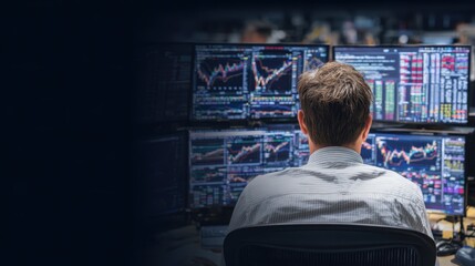 Focused image of a trader analyzing grain prices on a digital B2B platform with the trading dashboard sharp and office surroundings gently blurred.