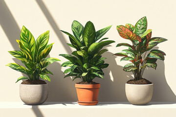 Fototapeta premium Illustration with Three Potted Plants on Clean White Background