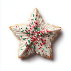 Festive star-shaped christmas cookie with white frosting and sprinkles on white background