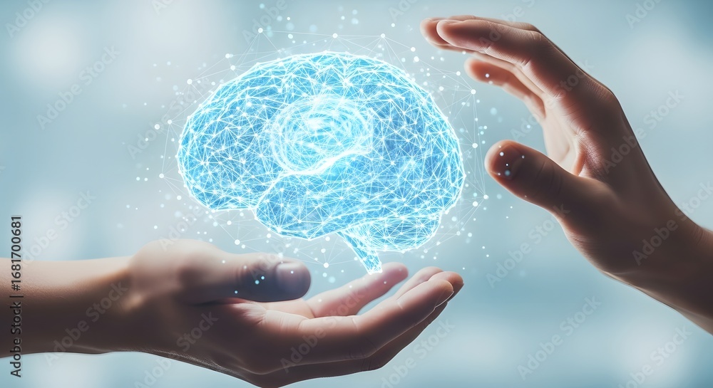 Poster two hands sharing a digital brain. mental health and technology collaboration concept. people exchan