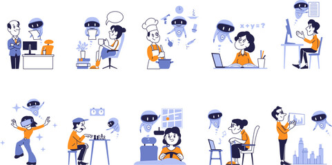 Artificial Intelligence Assistant Vector Set. People Using AI in Work, Education, Cooking, Driving, Gaming and Daily Life.