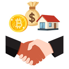 Handshake symbolizing a real estate deal involving cryptocurrency and financial transactions for property investment