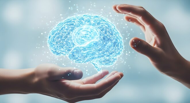 Two hands sharing a digital brain. Mental health and technology collaboration concept. People exchanging a holographic visualization of a neural network.