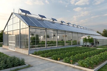 Fototapeta premium Modern greenhouse with solar panels on the roof, cultivating fresh produce and demonstrating sustainable agriculture and renewable energy in a farming setting