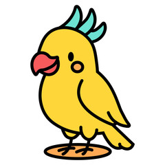Colorful cartoon budgerigar with a bright yellow body and turquoise crest standing on an orange base