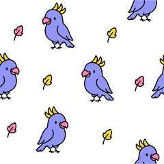 Colorful cartoon birds with cute leaves in a playful pattern on a white background