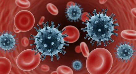Viruses infecting the human bloodstream. Virology and infectious disease concept. Microscopic 3D illustration of a viral infection with red blood cells.