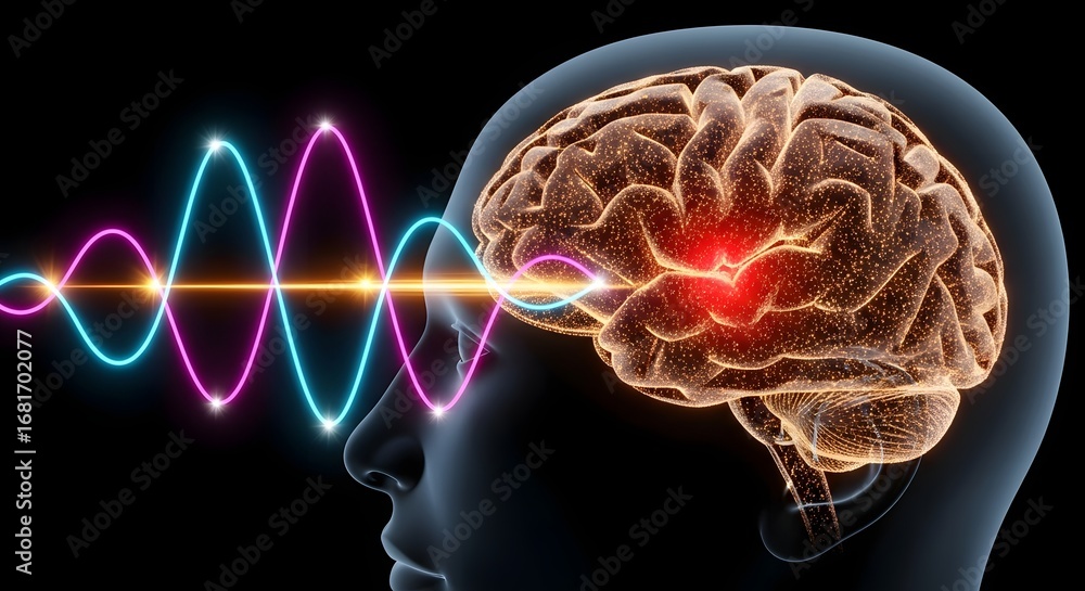 Poster brainwaves stimulating the human brain. neuroscience and sensory input concept. 3d illustration of e