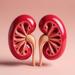 Detailed cross section of two healthy human kidneys showing internal structure and ureters against a soft pink background