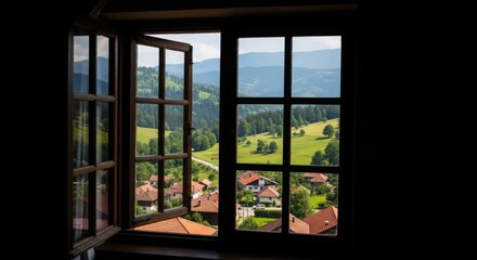 Fototapeta premium View through a wooden window frame of a village nestled in green hills and distant mountains