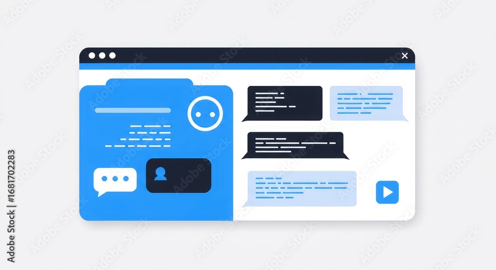 Poster a detailed illustration of a digital chat interface with messaging bubbles and user profiles.