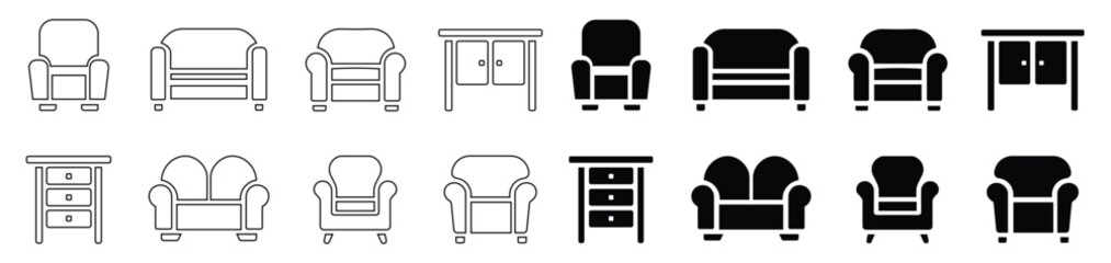 Furniture Icons Set &ndash; Outline and Solid Style Sofa, Chair, Table, Drawer, Interior Design Symbols Vector. Editable outline icon.