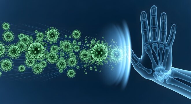 Immune system protecting against viral infection. Vaccination and public health defense concept. 3D illustration of a hand creating a shield to stop viruses.