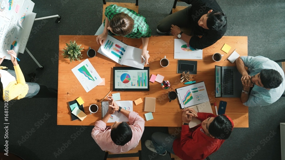Poster top view of business man talking and planning about strategy while invite manager explain about idea