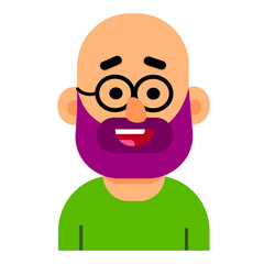 Cartoon character with purple beard and glasses smiling in bright green shirt against a simple background