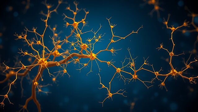 Golden neurons branching in a blue void, illustrating the complexity of brain connections.