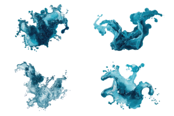 Four abstract shapes, teal-blue,  swirling,  organic forms