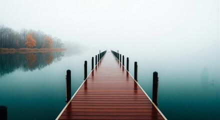 Misty morning over tranquil lake with wooden pier