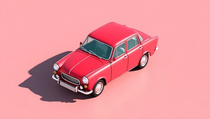 3d render of a red retro car on a pink background, isometric view, minimalistic design with simple shapes and clean lines, bright color palette, focus on the car's features, no shadows or reflections,