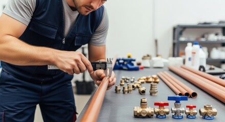 Plumber using a tool to measure pipe diameter before selecting the correct size pushfit shutoff valve for installation.