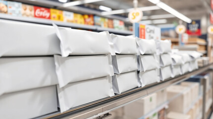 White snack packaging mockup arranged on supermarket shelf
