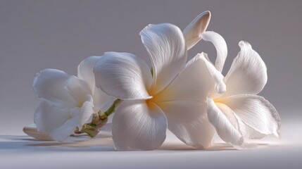 Obraz premium White frangipani blossoms with gentle light and soft shadows on neutral surface