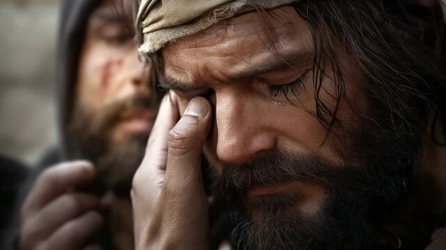 Sacred vision moment: Jesus Christ gesture, blind man healing, Savior hand, divine mercy, miracle power, spiritual light, compassionate act, restored sight, holy presence, transforming grace