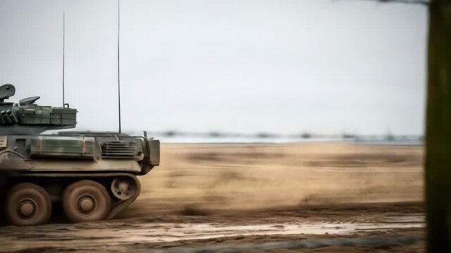 Armored vehicle moving on the field. Military tank, warfare, armed forces and defense concept.