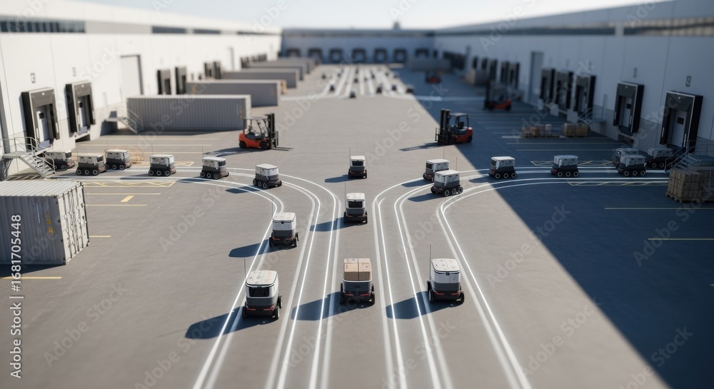 Poster overhead view of multiple delivery robots coordinating routes through a warehouse yard optimizing on
