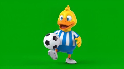 Cartoon Duck Soccer Mascot Juggling Ball - A cute yellow cartoon duck, dressed in a blue and white soccer uniform, playfully juggles a soccer ball against a green screen background. - Powered by Adobe