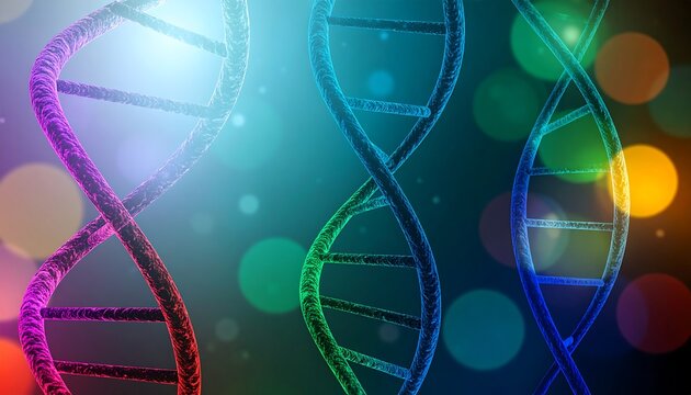 Three vibrant DNA double helixes against a blurred, colorful background