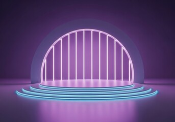 Illuminated archway stage with neon lights and circular platforms
