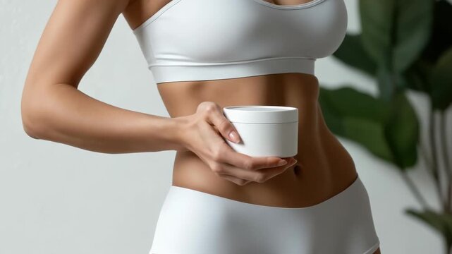 Fitness model scene: Athletic girl showcases product charm, toned physique, graceful stance, slim form, confident motion, visual appeal, healthy image, strong posture, body focus, elegant display