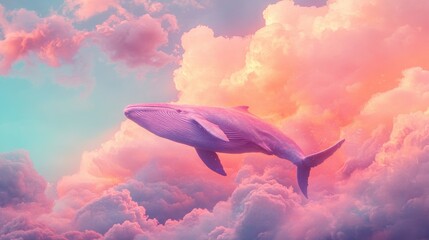 Fototapeta premium A majestic purple whale swims through a surreal sky filled with soft pink and orange clouds, creating a dreamlike fantasy scene