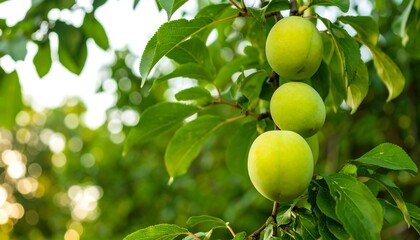 Three unripe, pale green plums hang on a branch amidst lush green foliage, bathed in soft sunlight