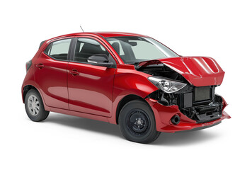 Front right corner view of a red crashed compact car wreck - dented bonnet, smashed engine, isolated on white or transparent
