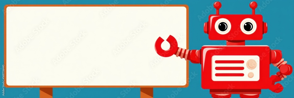 Poster robot character presenting in front of a blank whiteboard in a simple classroom setting with a brigh