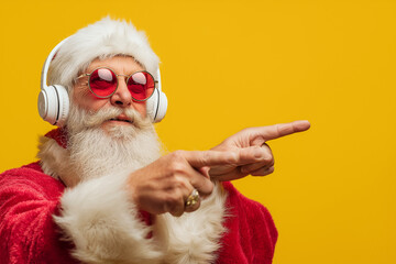 a santa claus with a white beard and sunglasses, dressed in his classic red suit, is standing while dancing on a white and red background with headphones around his neck,
