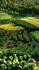 Fototapeta premium Aerial view of lush green agricultural fields with rows of crops agriculture photo background