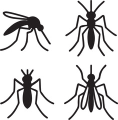 mosquito silhouette icons set side, front, back, and top views vector art illustration