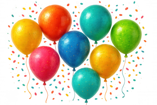 Vibrant balloons drifting alongside cascading confetti, generating joyful party ambiance for festive event celebrations